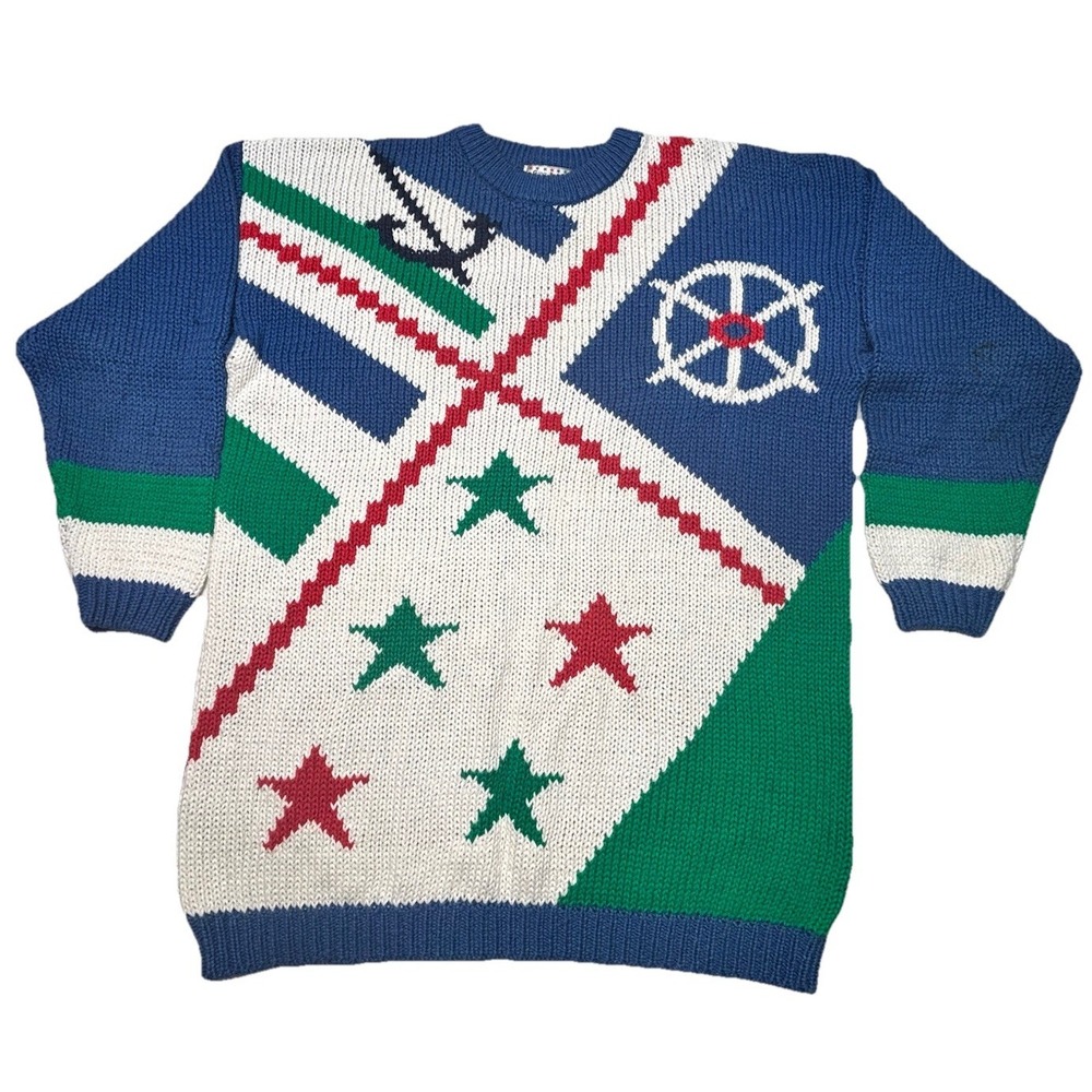 Vintage Gina Peters Sweater Mens L‎ Colorblock Knit 90s Fashion Stars Nautical